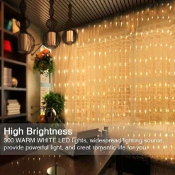 BOTC Lichtgordijnen^ Led Lichtgordijn Sfeerverlichting - Inclusief Afstandsbediening - Led Kerstverlichting Lichtgordijn - 3 Meter - 300 Lichten - Warm Wit