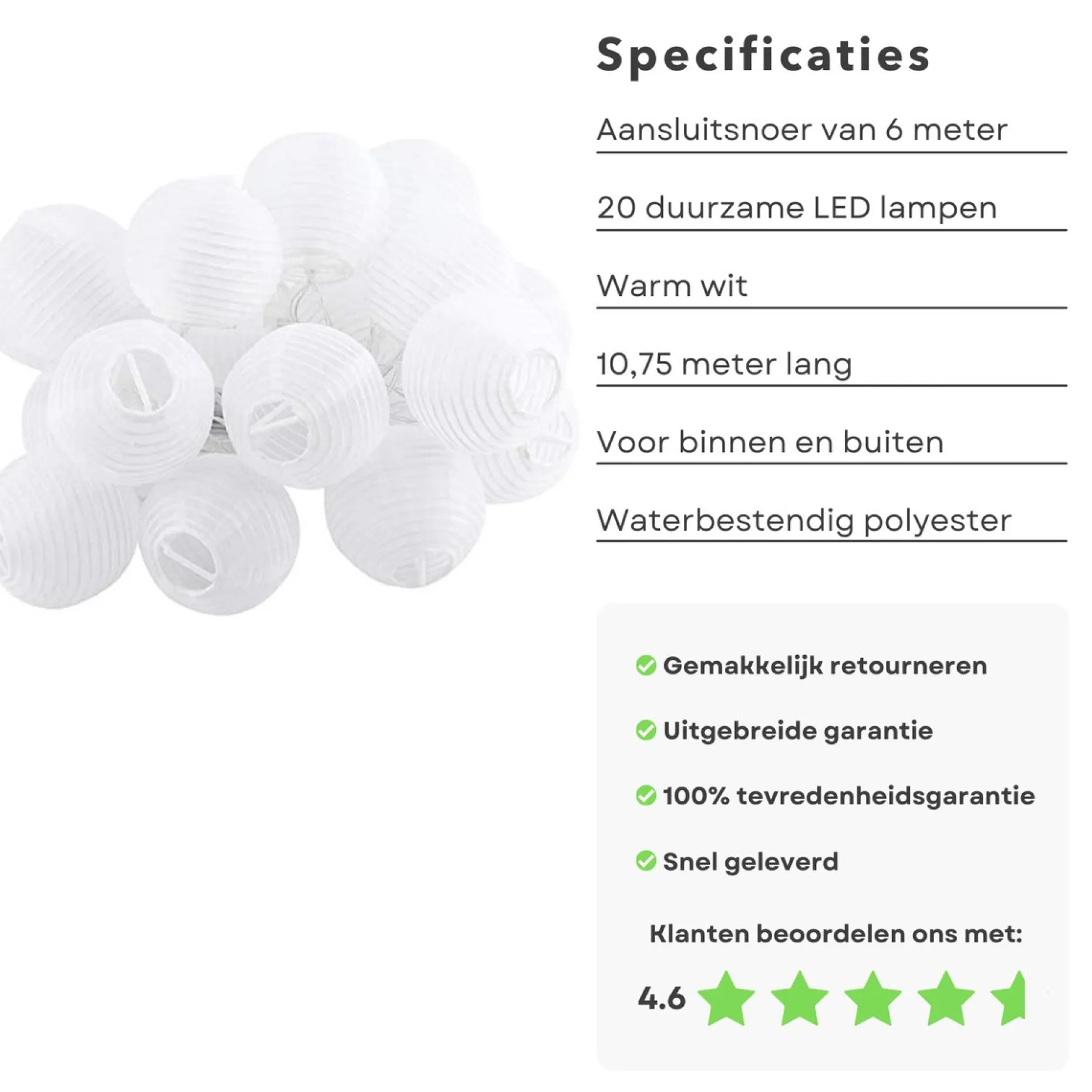 Cheqo Lichtslangen^® Lampionnen Slinger - Feestverlichting - Lichtslang - Lichtslinger Lampion - Lampionnen Met Verlichting - Warm Wit - 10.75 Meter - 20 Lampions