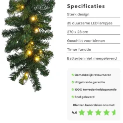 Cheqo ® Xl Guirlande Met Kerstverlichting - Kerstlampjes - Kerstslinger - Warm Wit - 270Cm - 150 Takjes - 35 Led - Met Timer Functie Store