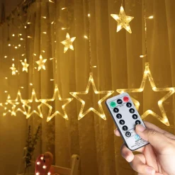 YUCEN Lichtgordijnen^Christmasxl Kerstverlichting | Sterrengordijn | Kerst | Kerststerren | Feest Licht Gordijn | Warm Wit Licht | 2,5 M Energie Zuinig | 12 Sterren - Met Afstandsbedieniing