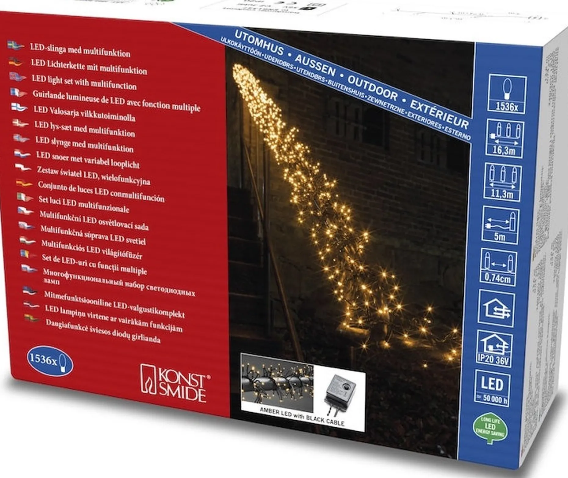 Konst Smide Kerstlichtsnoeren^Clusterverlichting Voor Binnen En Buiten - 8 Functies - 1536 Leds – 2100K Amber – 11,3 Meter – Kerstverlichting – Ip44 – Incl. Transformator