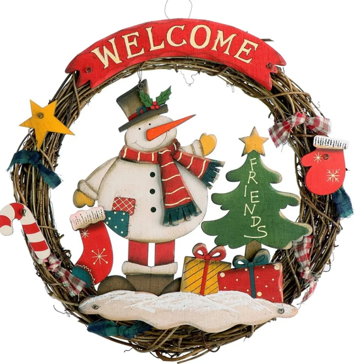 * Com-Four® Kerstkrans Gevlochten - Deurkrans"Welkom" Voor Kerstmis - Kerstdecoratie Om Op Te Hangen - Houten Krans Ca. O 31 Cm (Sneeuwpop - L) Hot