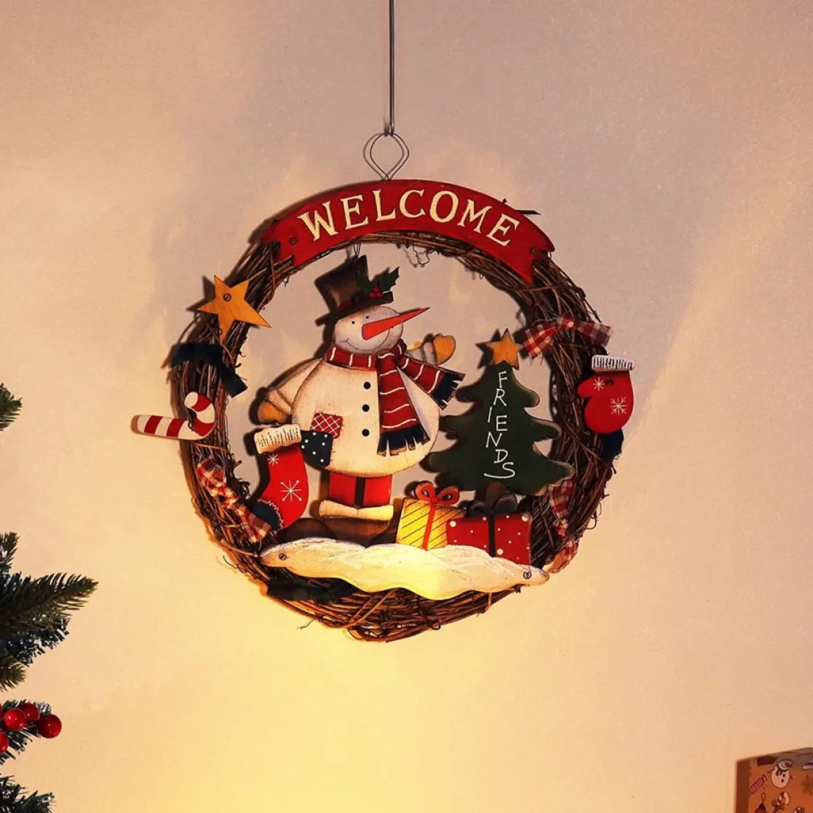 * Com-Four® Kerstkrans Gevlochten - Deurkrans"Welkom" Voor Kerstmis - Kerstdecoratie Om Op Te Hangen - Houten Krans Ca. O 31 Cm (Sneeuwpop - L) Hot
