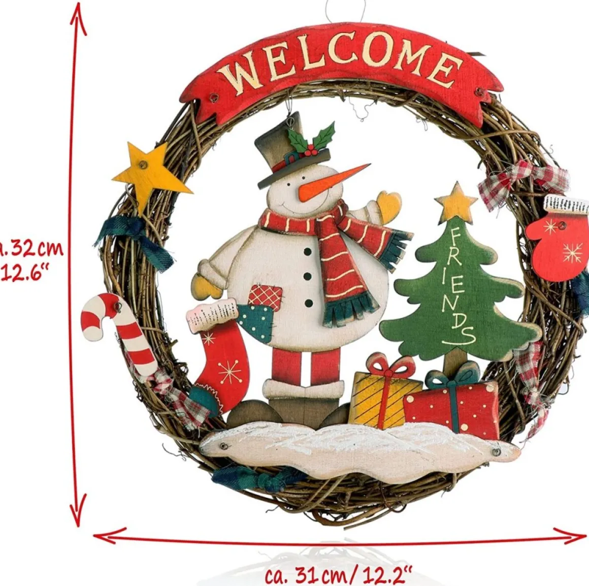 * Com-Four® Kerstkrans Gevlochten - Deurkrans"Welkom" Voor Kerstmis - Kerstdecoratie Om Op Te Hangen - Houten Krans Ca. O 31 Cm (Sneeuwpop - L) Hot