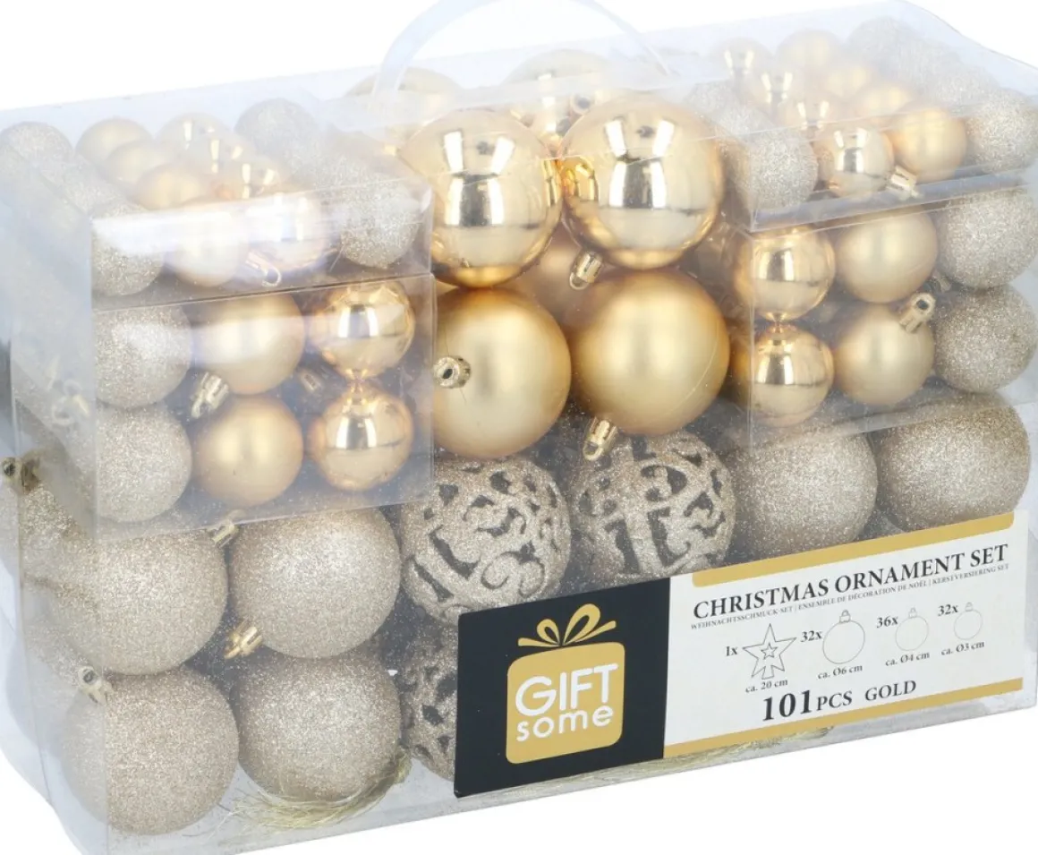 Gifts@Home Giftsome Kerstballen Set - Plastic Kerstballen - Incl. Piek - O 3/4/6 Cm - Kerstversiering Kerstboom - 101 Stuks: Mat, Glanzend, Glitter En Open - Goud Best Sale