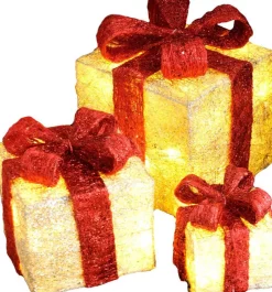 Haushalt International Verlichte Kerstfiguren^Hhi Led Geschenkdoos - 3 Delig - 3 Maten - Goud/Geelkleurig Met Rode Strik
