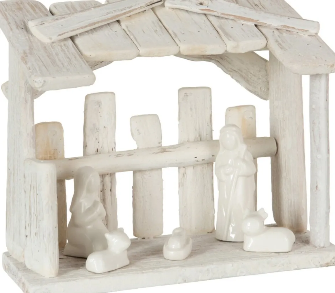 J-Line Kerststal Plat Dak Hout/Keramiek Wit Hot