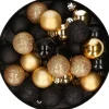 Merkloos Kerstballen - 28 Stuks - Goud En Zwart - Mix - Glitter - Mat - Glans - 3 Cm - Kunststof Goudkleurig, Zwart Clearance