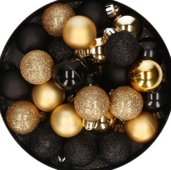 Merkloos Kerstballen - 28 Stuks - Goud En Zwart - Mix - Glitter - Mat - Glans - 3 Cm - Kunststof Goudkleurig, Zwart Clearance