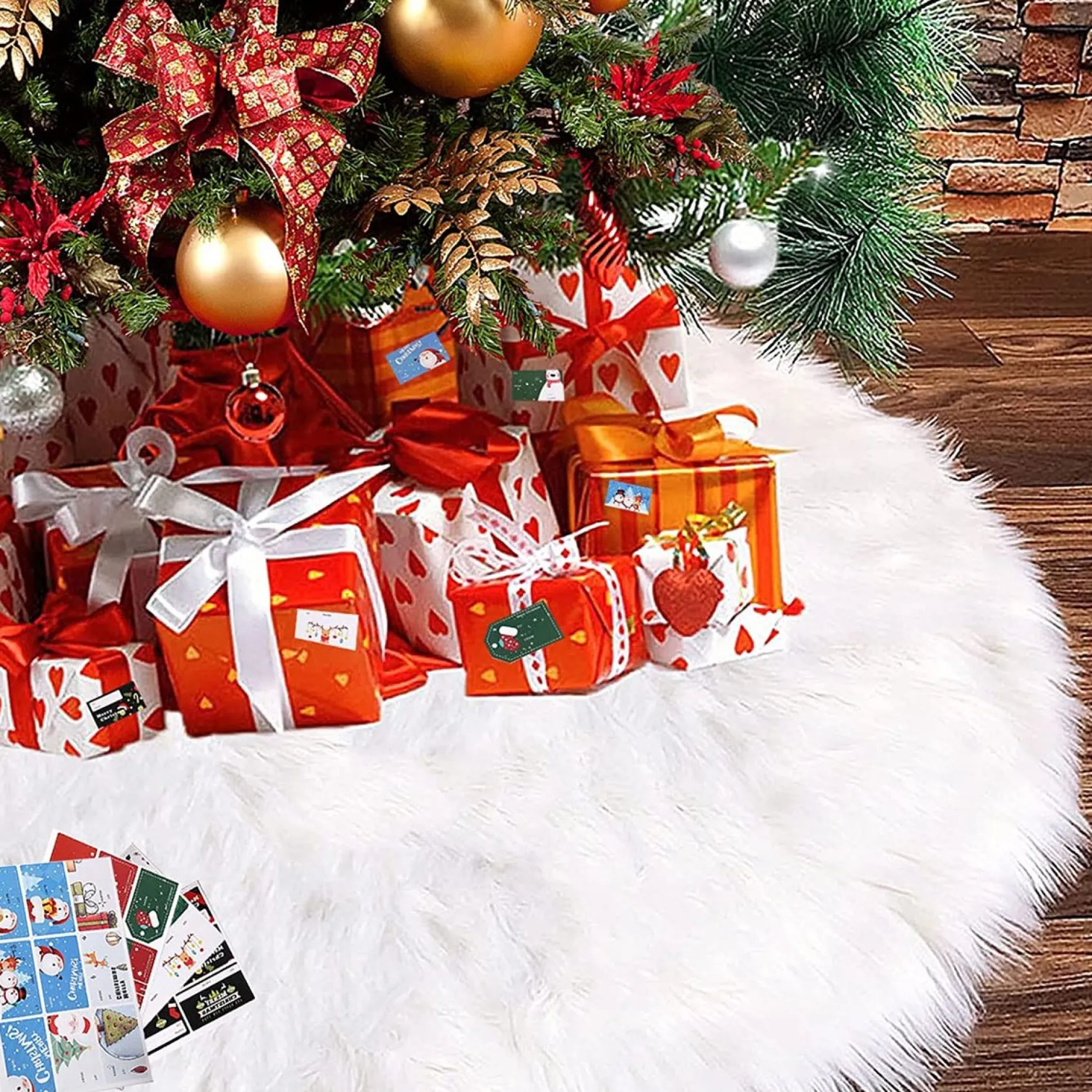 Selwo Kerstboomstandaarden^Kerstboomrok, Witte Boomrok Met 36 Stuks Geschenkstickers, Wit, Boomdeken, Kerstboomdeken, Kerstboomstandaard, Tapijt, Deken, Kerstdecoratie, Kerstboom, Rok (Wit, 90 Cm)