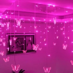 Merkloos Lichtgordijnen^Kerst Gordijn Vlinder - 2 Meter - Roze
