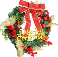 Merkloos Kerstkrans 45Cm 50 Led Verlichting - Kerstballen Met Rood En Bruinelint Kerstdecoratie Kerstmis Kunststof New