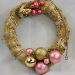 ZoeZo Design Kerstkrans - Hangkrans - Roze - Goud - Stro - Kunststof - Hangend - O 30 Cm 40.10 Cm Cheap
