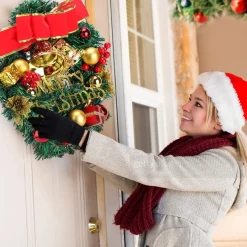 Selwo Kerstmis, 30Cm Kerstkrans Delicate Kerstdecoratiekrans, Kerstkrans Voor Deur Met Bal, Strik En Bellen, Kerstkrans Voordeur, Dennenkrans Voor Deurraamornament Discount