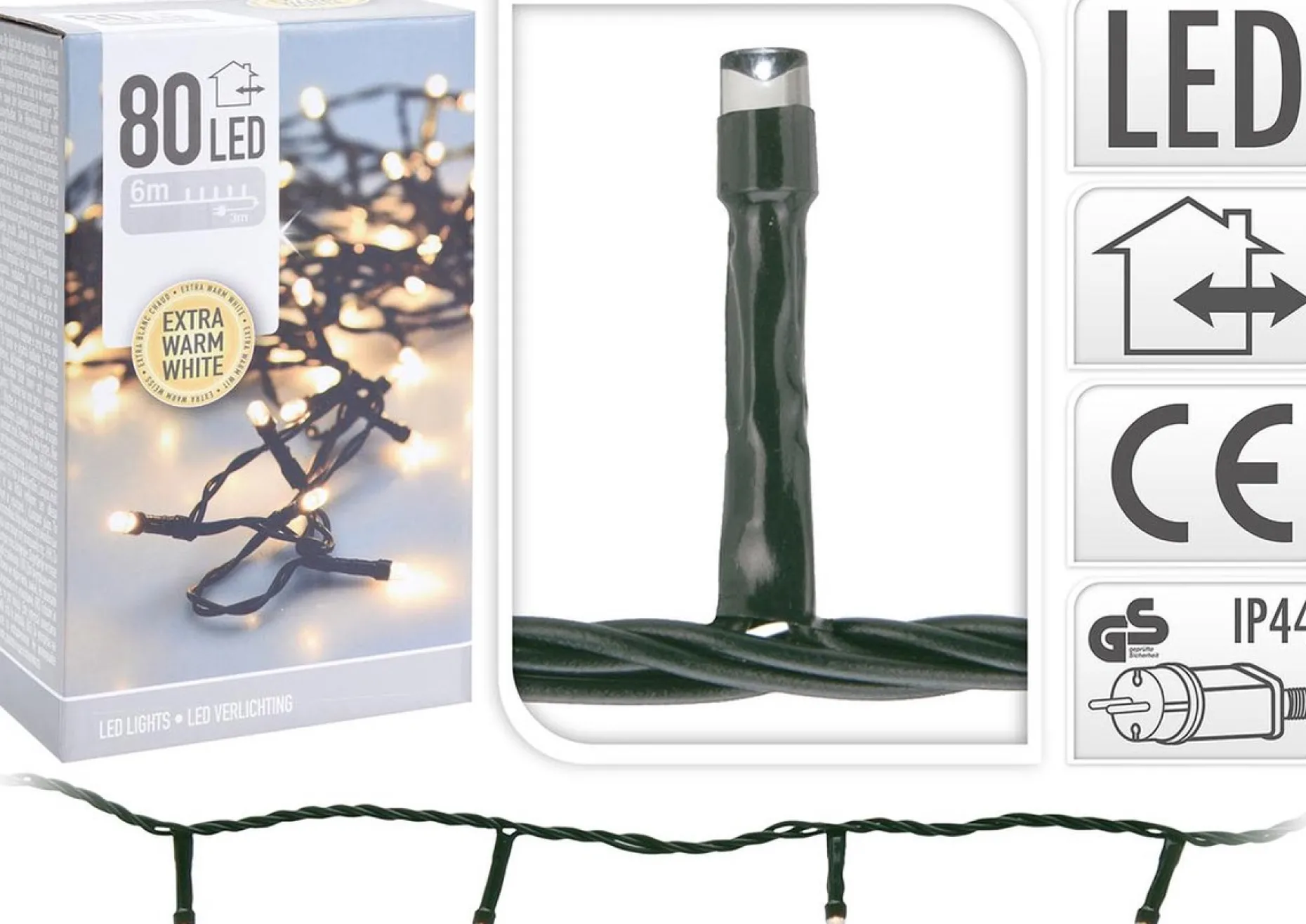 Merkloos Kerstboomverlichting^Kerstverlichting Transparant Snoer Met 80 Warm Witte Lampjes - 6 Meter - Kerstlampjes/Kerstlichtjes - Binnen/Buiten