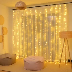 Merkloos Lichtgordijnen^Led Gordijn 3X3 Meter - Kerstverlichting - 300 Leds - Lichtgordijn - Warm Wit - Kerstmis - Feestdagen - Binnenverlichting - Trouwfeest Verlichting