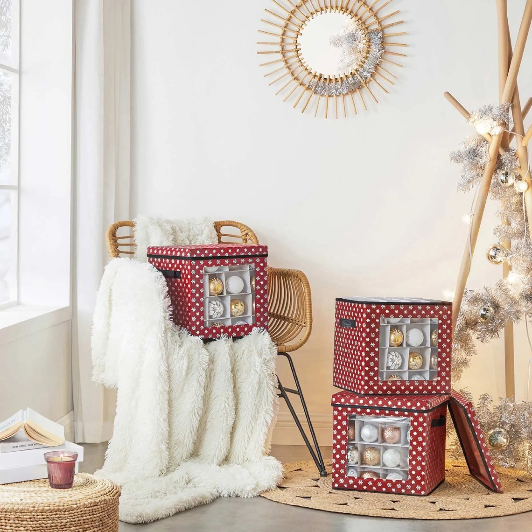 Unbranded Kerstspullen Opbergers^Opbergdozen Levi - Set Van 3 - Opvouwbare Dozen - Voor Kerstversiering - Elk 64 Kleine Vakken - Flexibele Verdelers - 30,5X30,5X30,5Cm - Rood