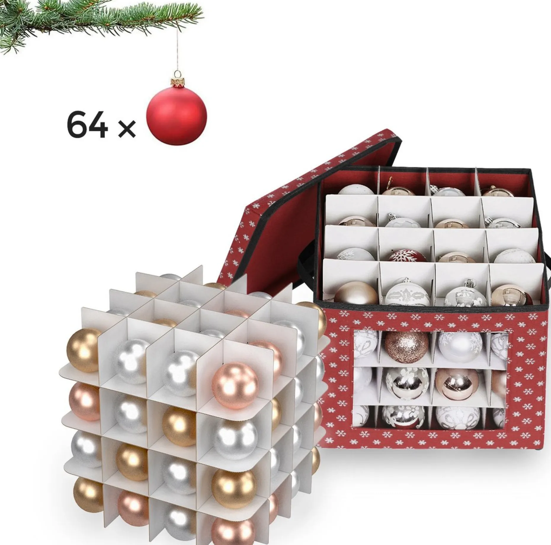 Unbranded Kerstspullen Opbergers^Opbergdozen Levi - Set Van 3 - Opvouwbare Dozen - Voor Kerstversiering - Elk 64 Kleine Vakken - Flexibele Verdelers - 30,5X30,5X30,5Cm - Rood