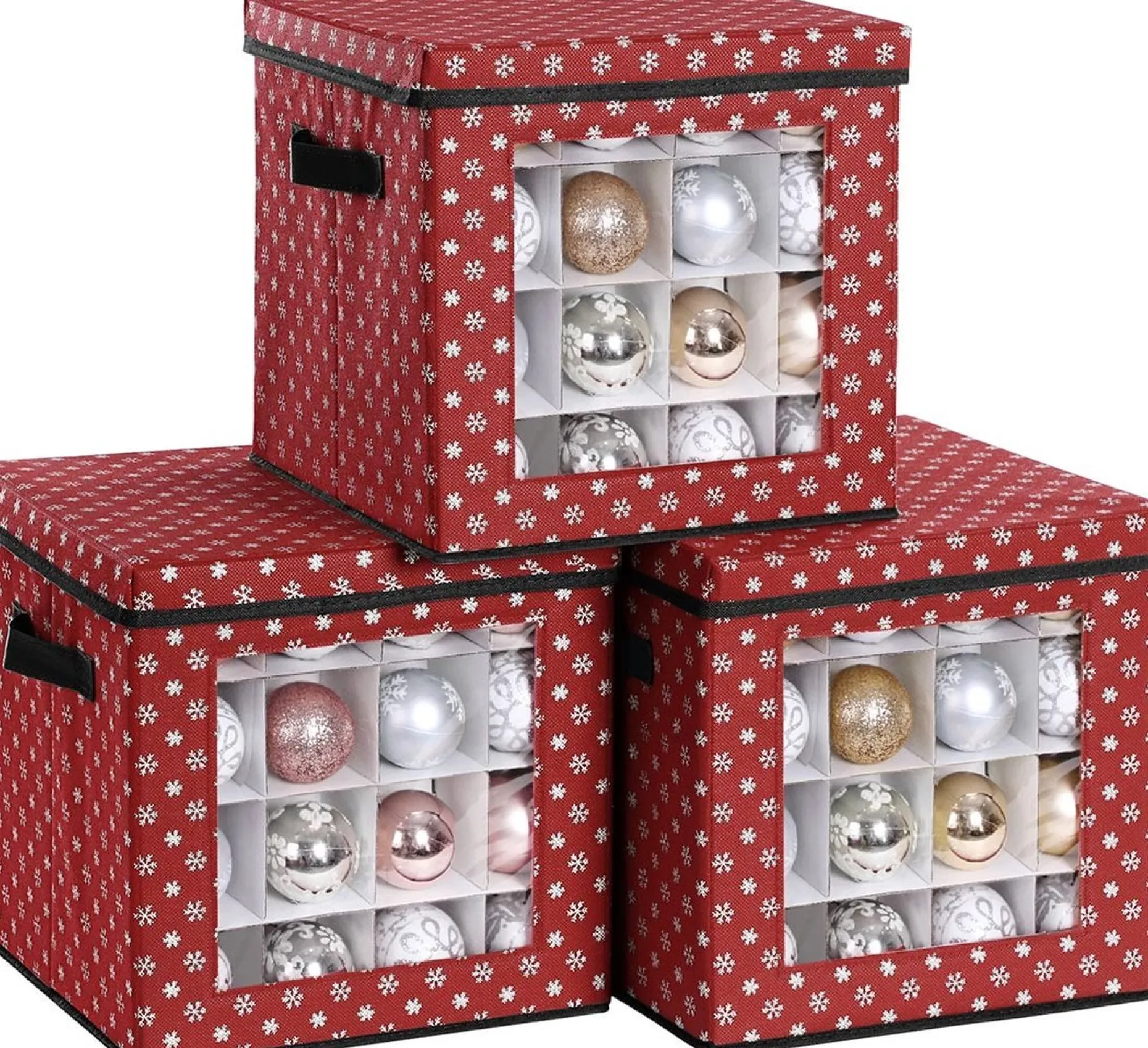 Unbranded Kerstspullen Opbergers^Opbergdozen Levi - Set Van 3 - Opvouwbare Dozen - Voor Kerstversiering - Elk 64 Kleine Vakken - Flexibele Verdelers - 30,5X30,5X30,5Cm - Rood
