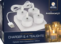 Koopman Verlichte Kerstfiguren^Oplaadbaar Led Theelichtset 4-Delig Met Oplader
