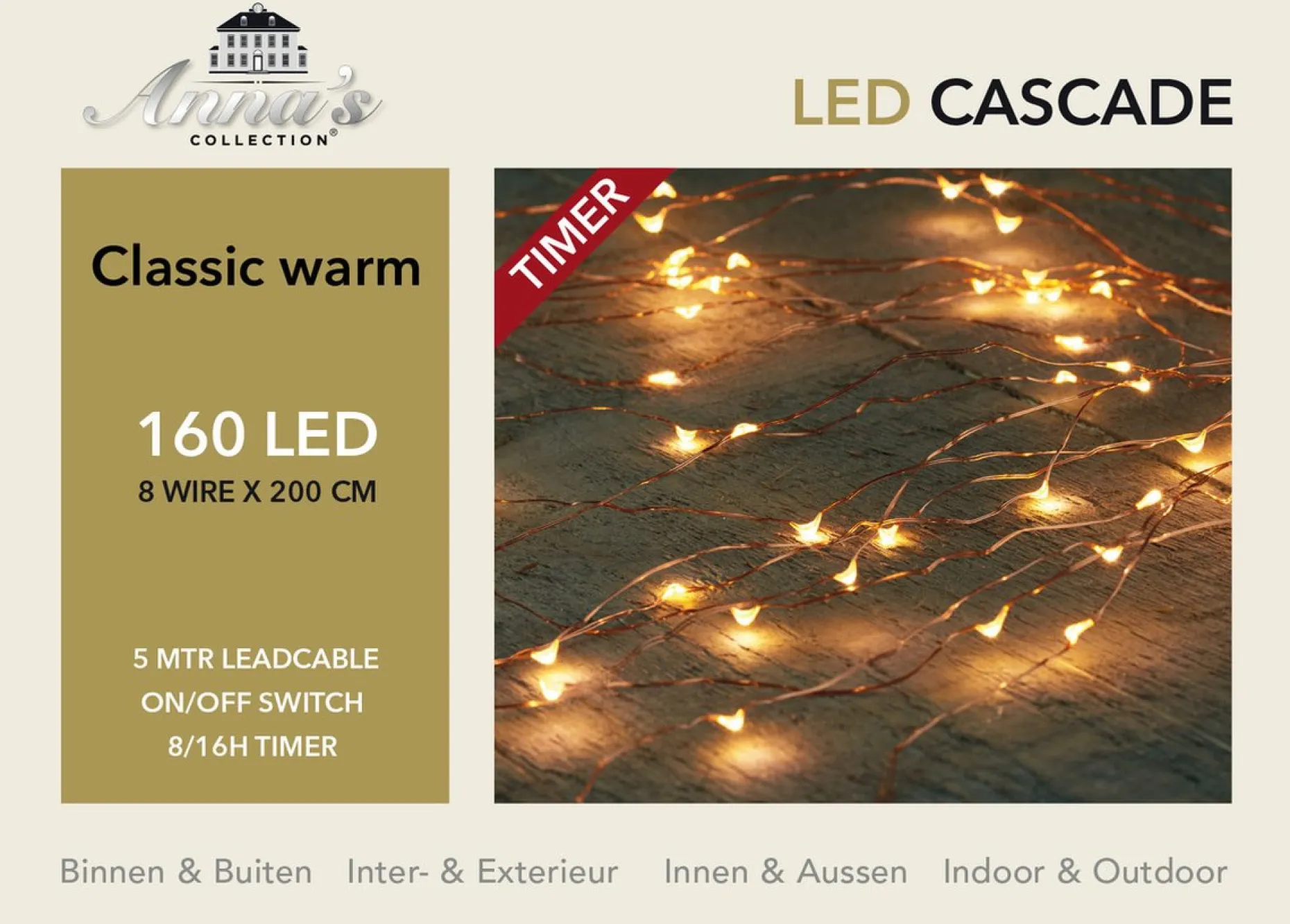 Anna's Collection Kerstlichtsnoeren^Set Van 2X Stuks Cascade Draadverlichting Lichtsnoer Met 160 Lampjes Warm Wit Met 8 Lichtdraden - Lichtsnoeren - Kerstverlichting