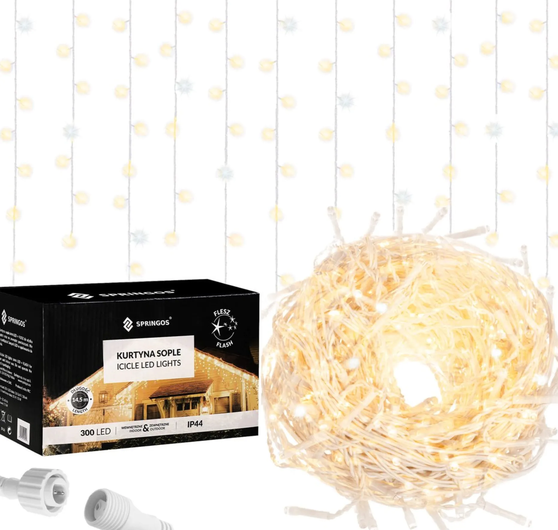 springos Lichtgordijnen^ Ijspegel Verlichting Buiten | Ijspegel Verlichting | Kerstverlichting Buiten | 12 M + 2.5 M Snoer | Connectable | 300 Led | Flash |