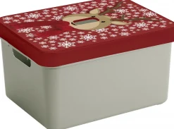 Sunware Kerstspullen Opbergers^ Kerstversiering Opbergbox /Rood - 44 X 34 X 24 Cm - Rendier Print Deksel
