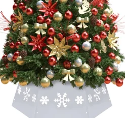 The Living Store Kerstboomstandaarden^ Kerstboomkraag Metalen En Wit - 52.5 Cm Bovenkant - 68 Cm Onderkant - 25 Cm Hoogte - Sneeuwvlokkenprint - Montage Vereist