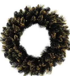 * Verlichte Kerstkrans "Shimmery Golden Black Bristle" - Zwart - O 76 Cm - 70 Warm Witte Ledlampjes - Met Gouden Afwerking New