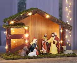 Merkloos Verlichte Kerststal Met Kerststal Beeldjes 30 X 10 X 20 Cm - Kerststalletjes/Kerststallen Met Licht/Verlichting Fashion