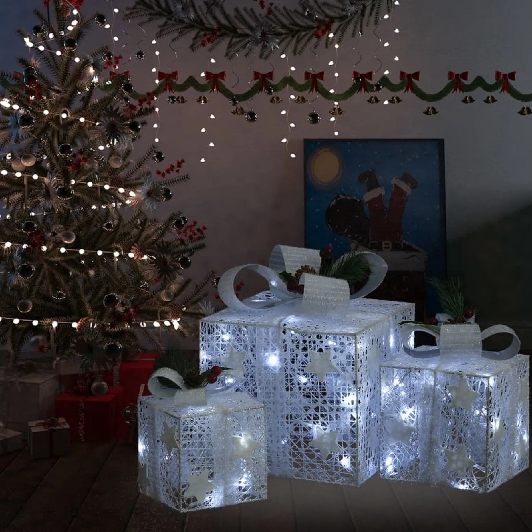 vidaXL Verlichte Kerstfiguren^ Kerstdecoratie Geschenkdozen 3 St Binnen/Buiten Wit