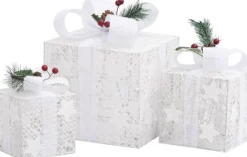 vidaXL Verlichte Kerstfiguren^ Kerstdecoratie Geschenkdozen 3 St Binnen/Buiten Wit