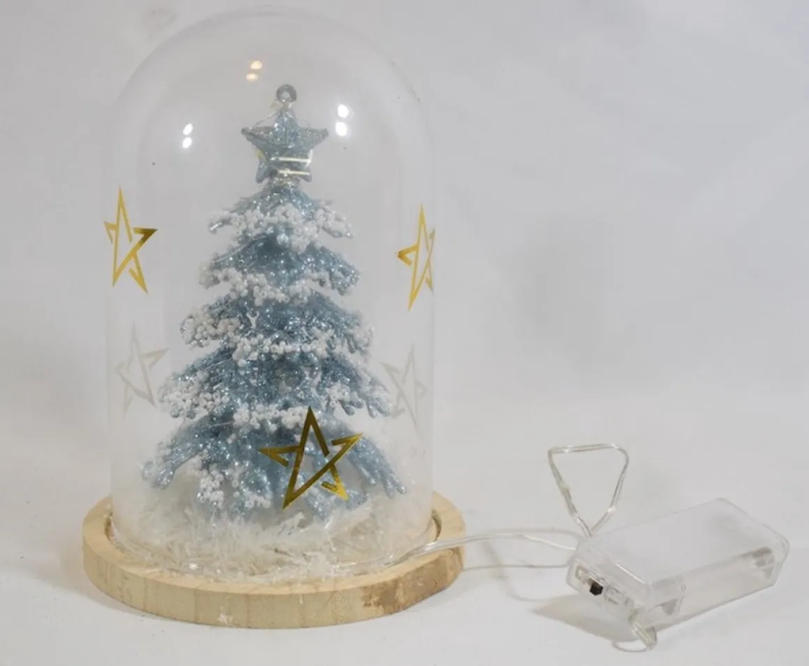 ZoeZo Design - Glazen Stolp Met Blauwe Kerstboom - Met Verlichting - Op Batterijen - Mini Kerstboom - Sneeuw En Glitter - O 13 Cm - Hoogte 20 Cm Sale